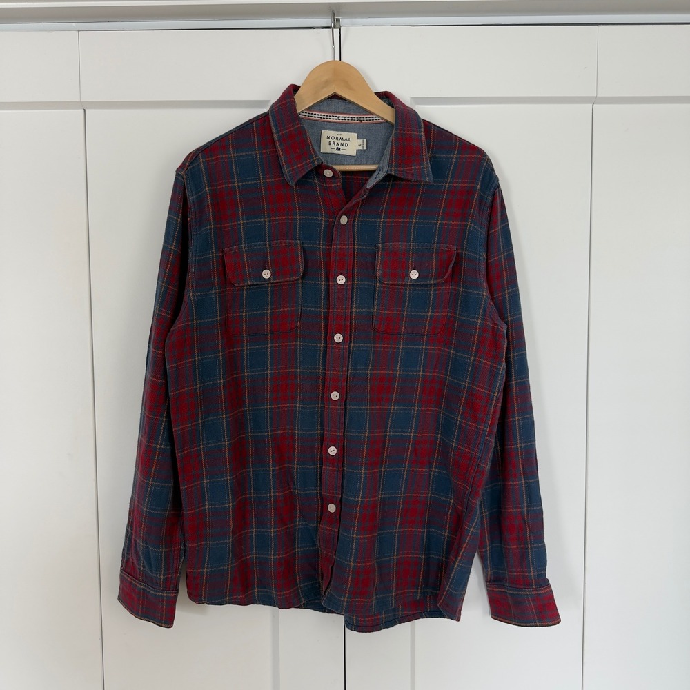 Mens The Normal Brand Flannel Shirt Size Red Blue Plaid Button Down 100% Cotton